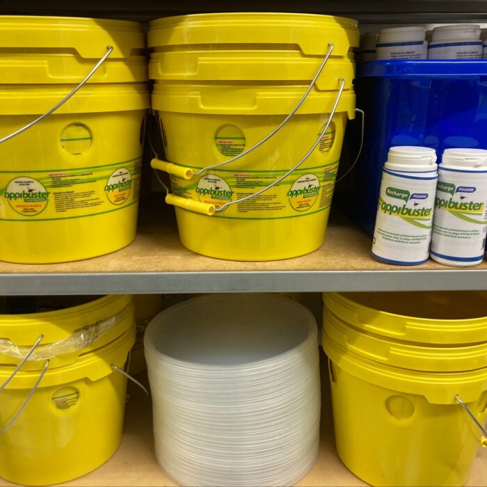 Fly buckets in dispensary shelves